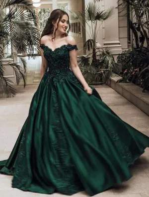 Dark Green Off The Shoulder Satin Prom Dresses Ball Gown Lace Appliques Evening Dress
