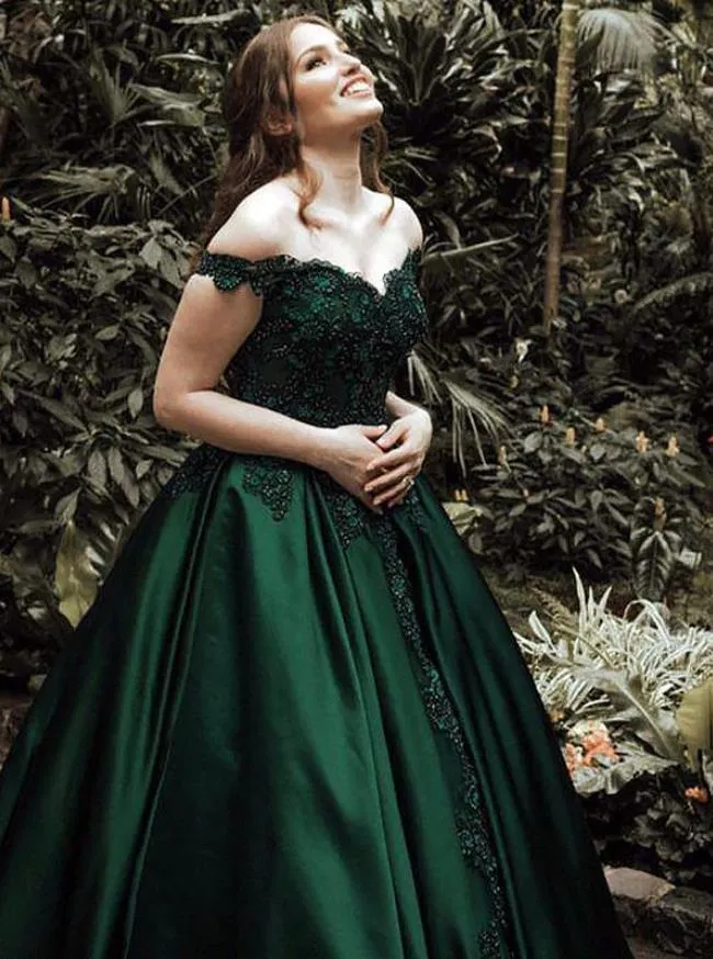 Dark Green Off The Shoulder Satin Prom Dresses Ball Gown Lace Appliques Evening Dress