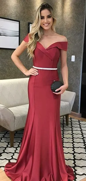 Dark Red Mermaid Stain Prom Dresses Off The Shoulder Long Evening Dresses