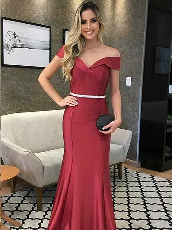 Dark Red Mermaid Stain Prom Dresses Off The Shoulder Long Evening Dresses
