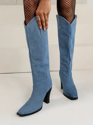 Denim Pointed-Toe Cowboy Boots