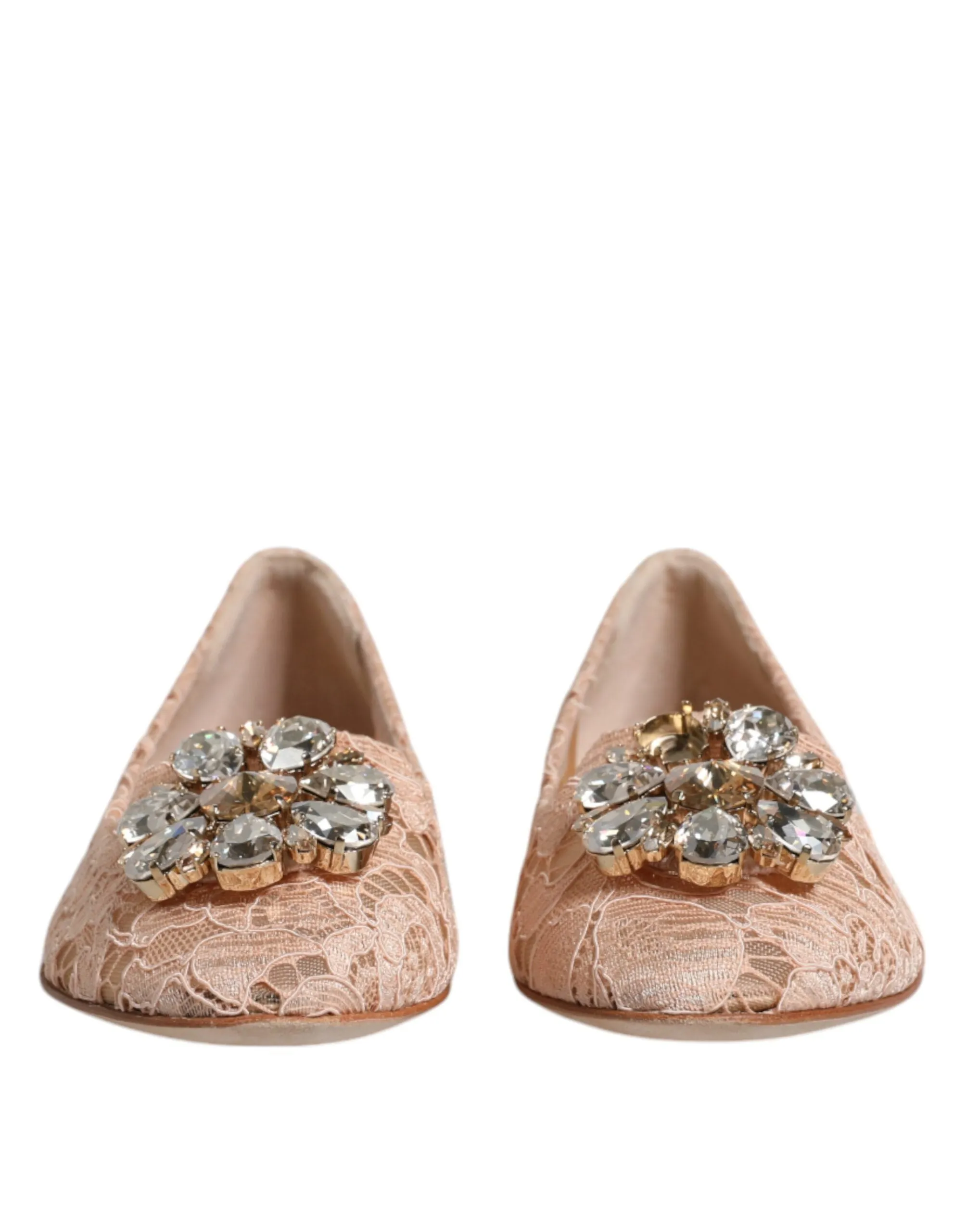 Dolce&Gabbana Women Beige Ballet Flats Viscose Crystal Floral Lace Loafers EU 34
