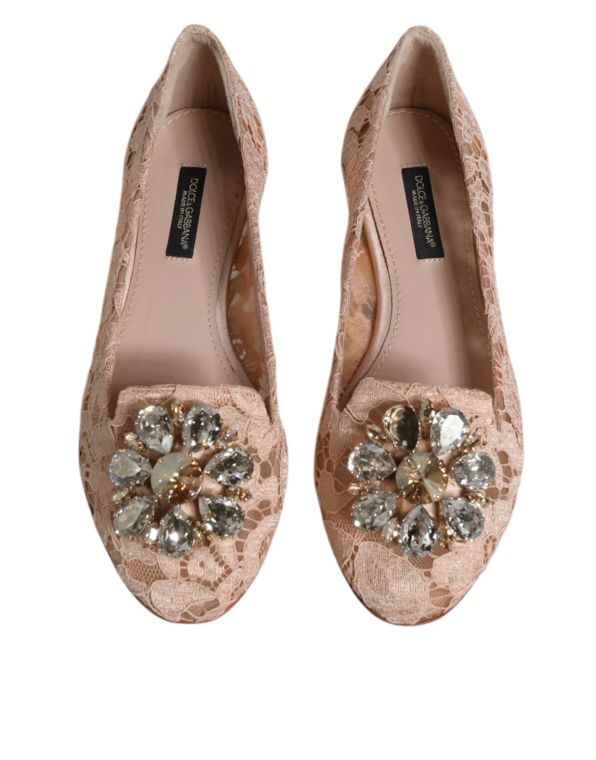 Dolce&Gabbana Women Beige Ballet Flats Viscose Crystal Floral Lace Loafers EU 34