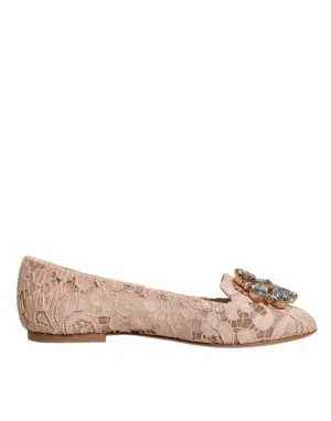 Dolce&Gabbana Women Beige Ballet Flats Viscose Crystal Floral Lace Loafers EU 34