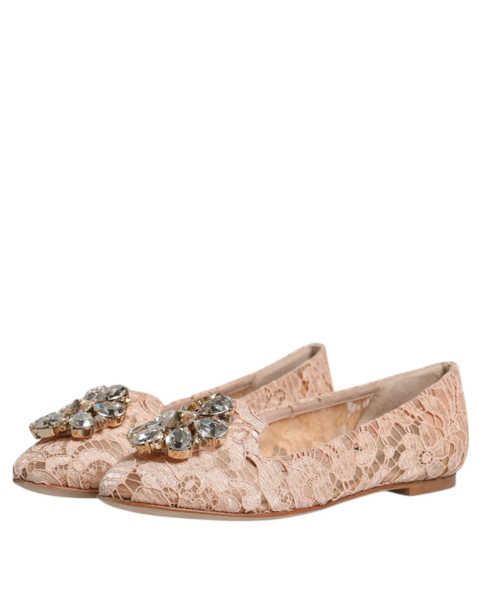 Dolce&Gabbana Women Beige Ballet Flats Viscose Crystal Floral Lace Loafers EU 34