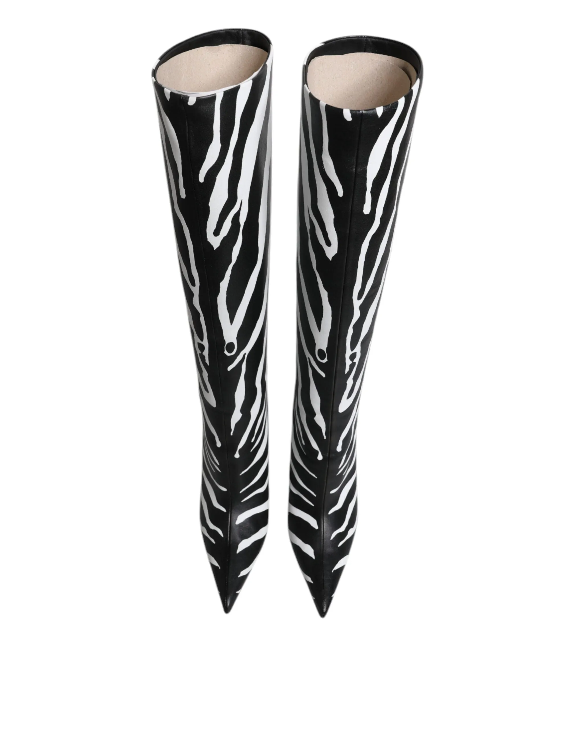 Dolce&Gabbana Women Black White Boots 100% Leather Zebra Print Knee High Booties