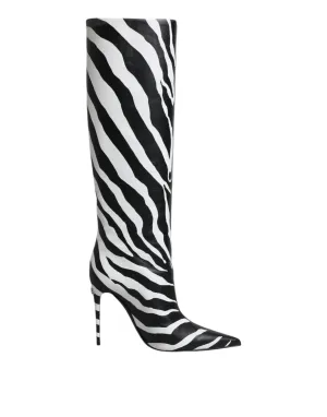 Dolce&Gabbana Women Black White Boots 100% Leather Zebra Print Knee High Booties