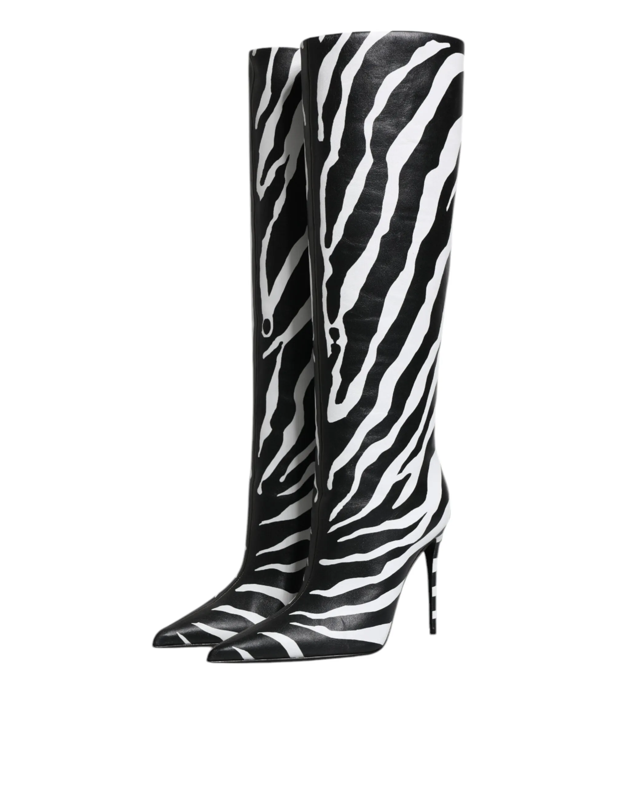 Dolce&Gabbana Women Black White Boots 100% Leather Zebra Print Knee High Booties