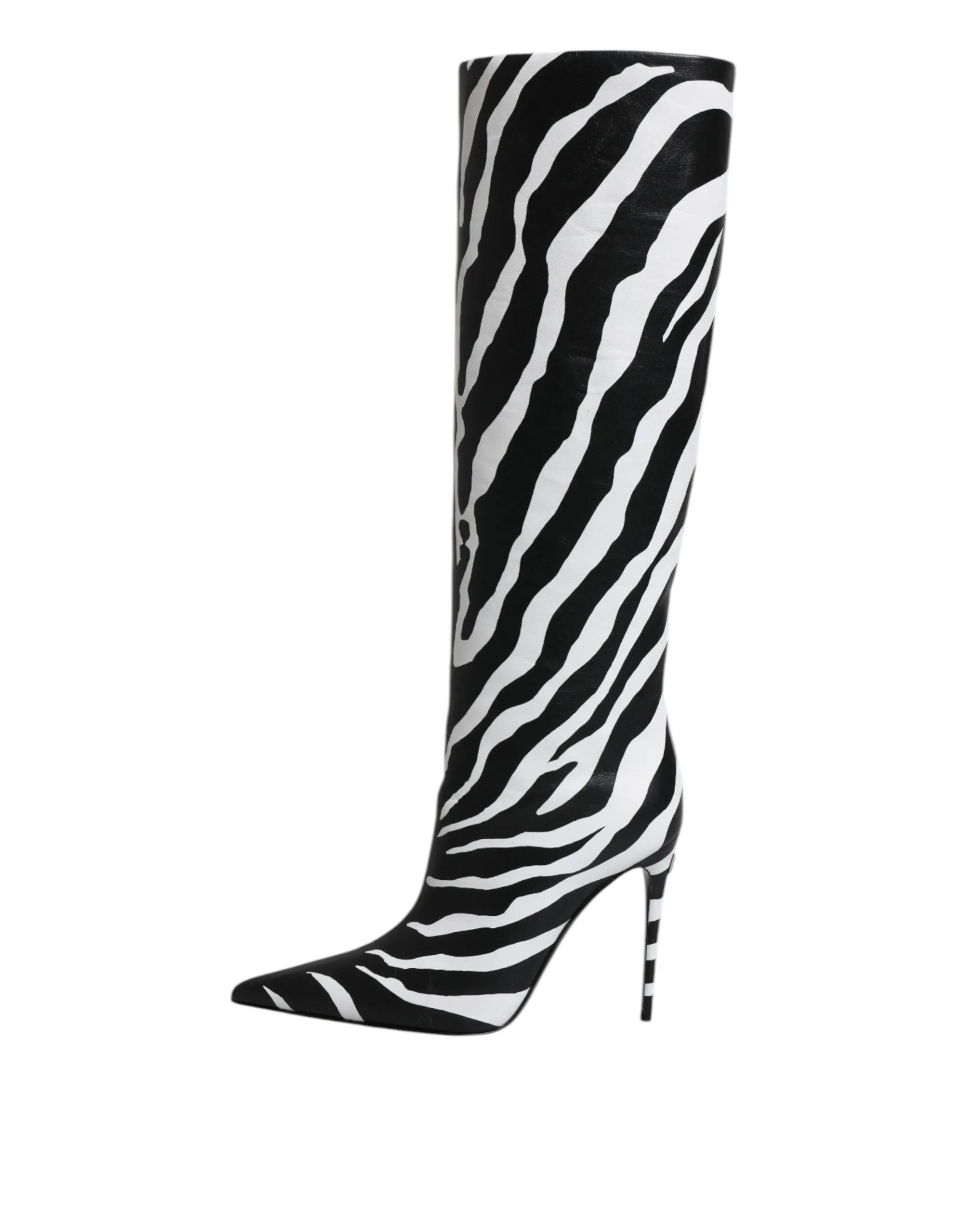 Dolce&Gabbana Women Black White Boots 100% Leather Zebra Print Knee High Booties