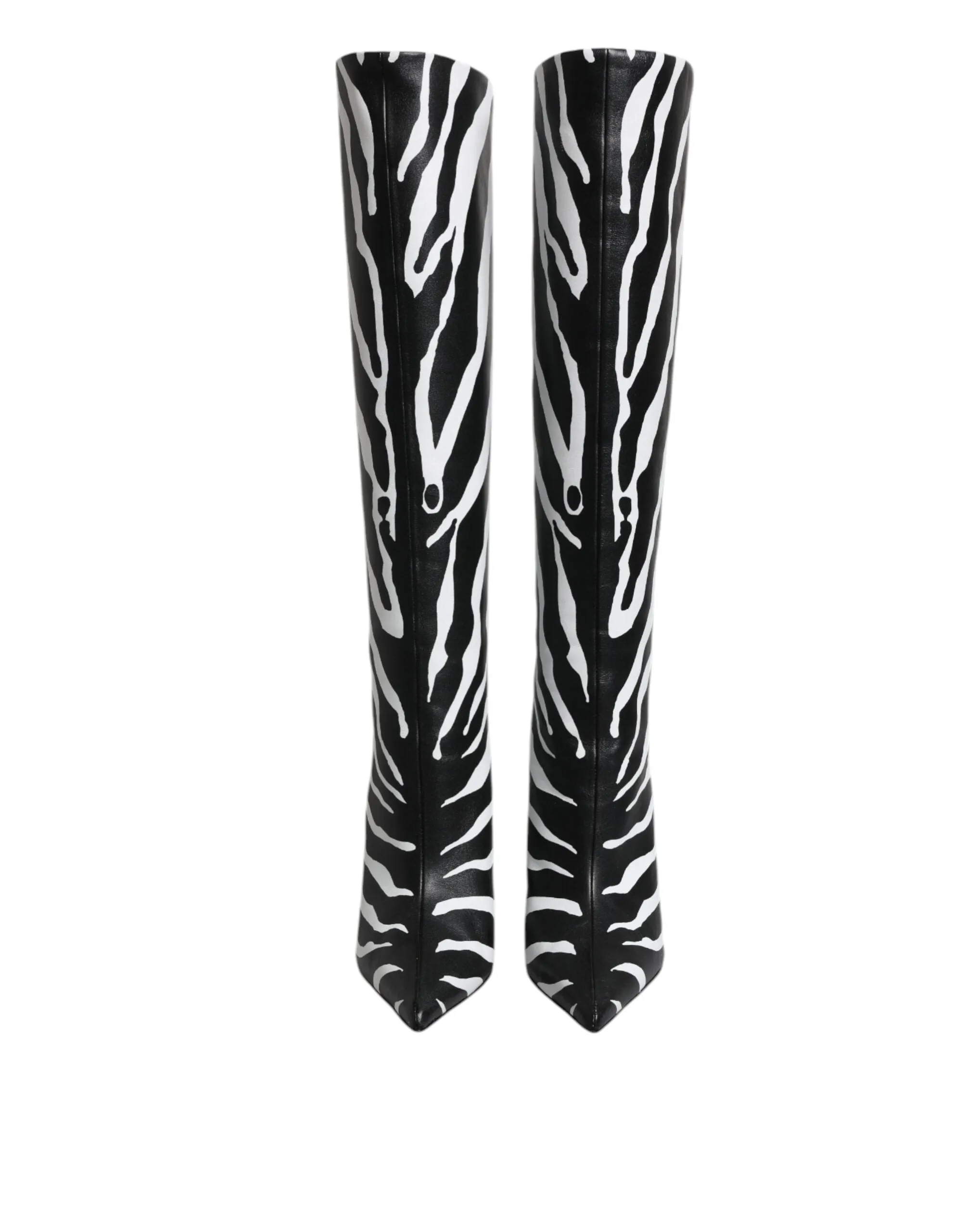 Dolce&Gabbana Women Black White Boots 100% Leather Zebra Print Knee High Booties