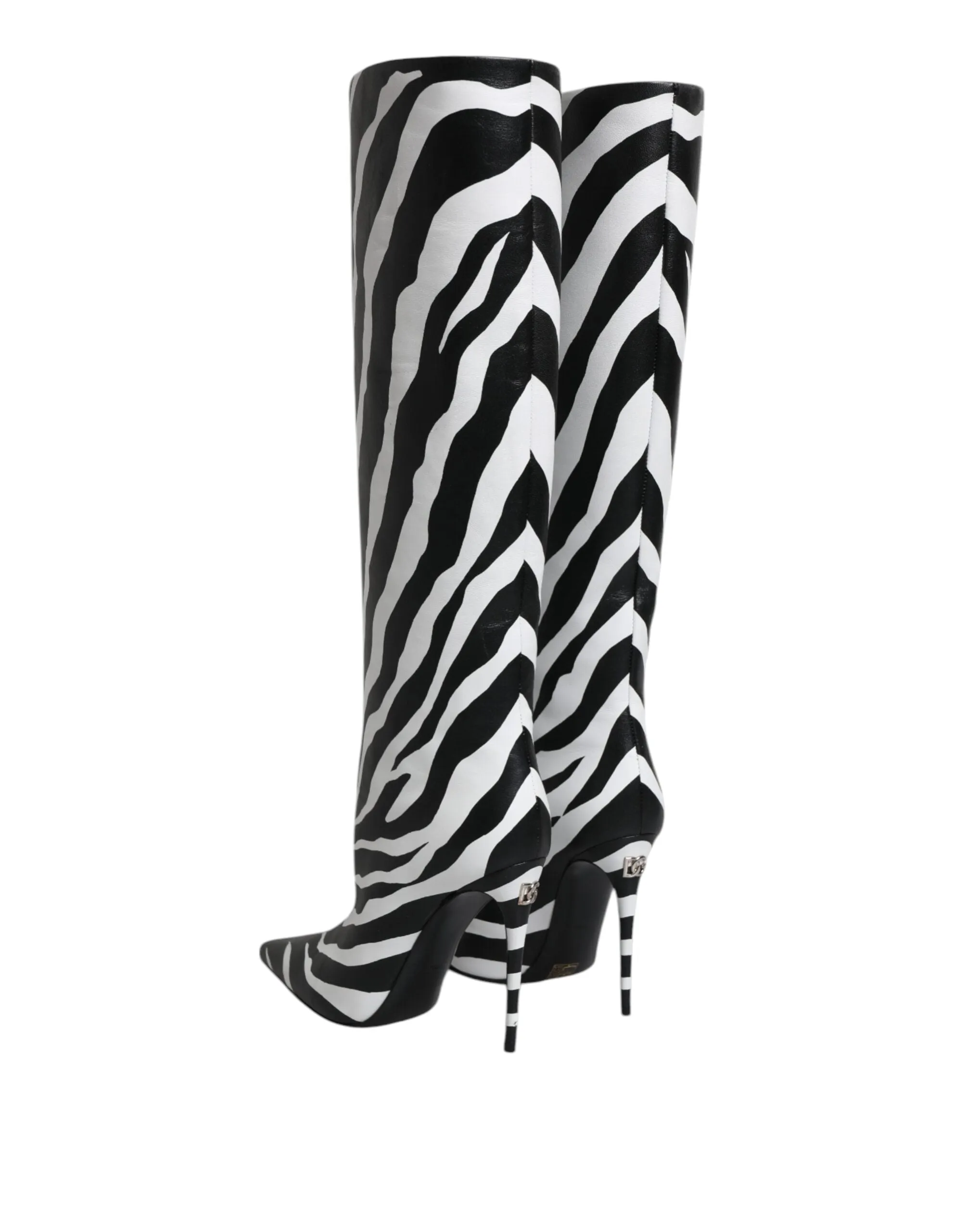 Dolce&Gabbana Women Black White Boots 100% Leather Zebra Print Knee High Booties