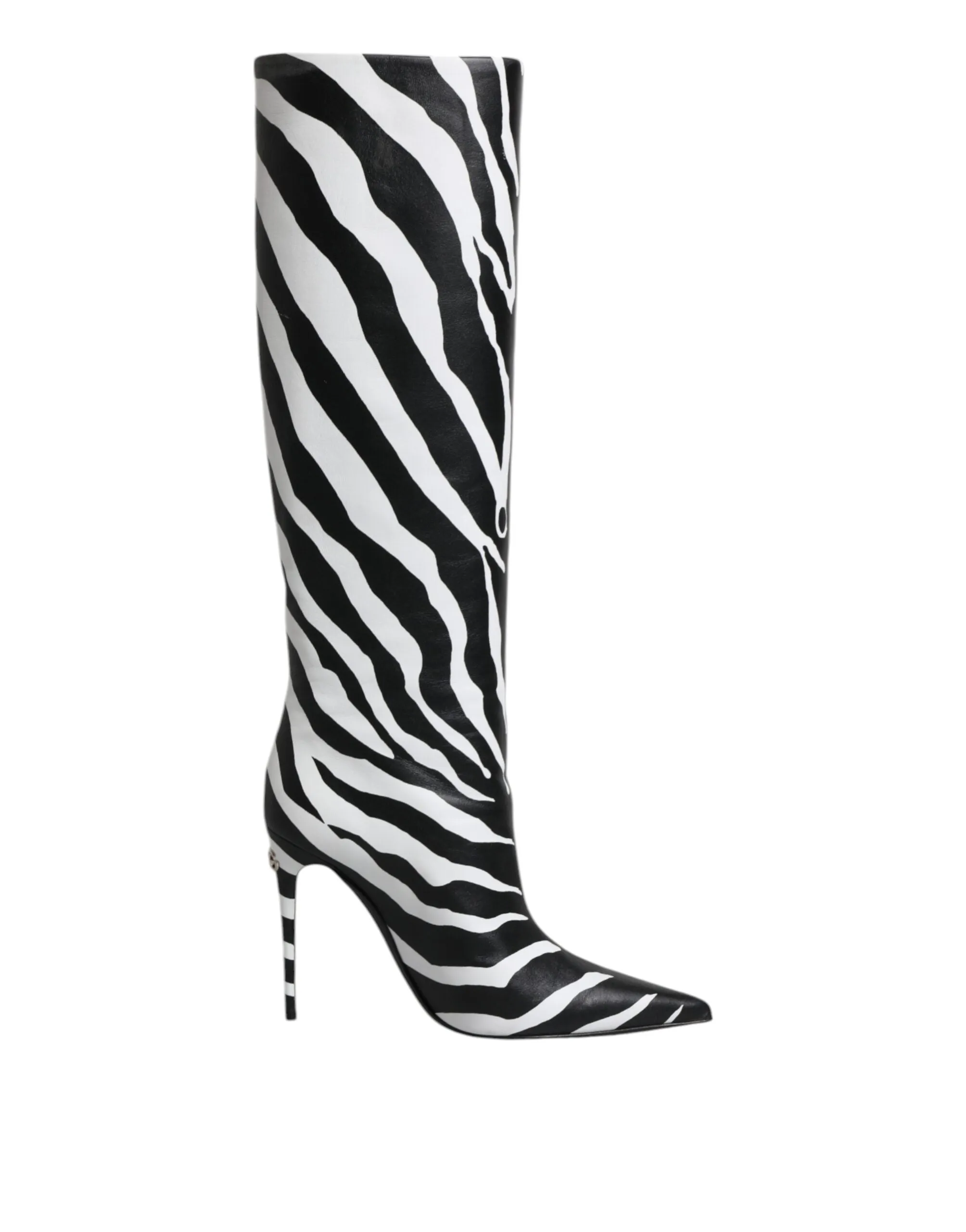 Dolce&Gabbana Women Black White Boots 100% Leather Zebra Print Knee High Booties