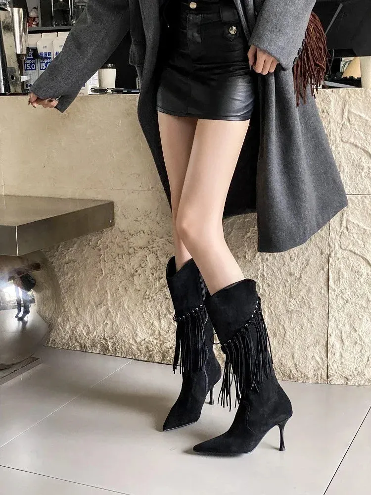 Fringe Thin High Heels Knee-High Boots