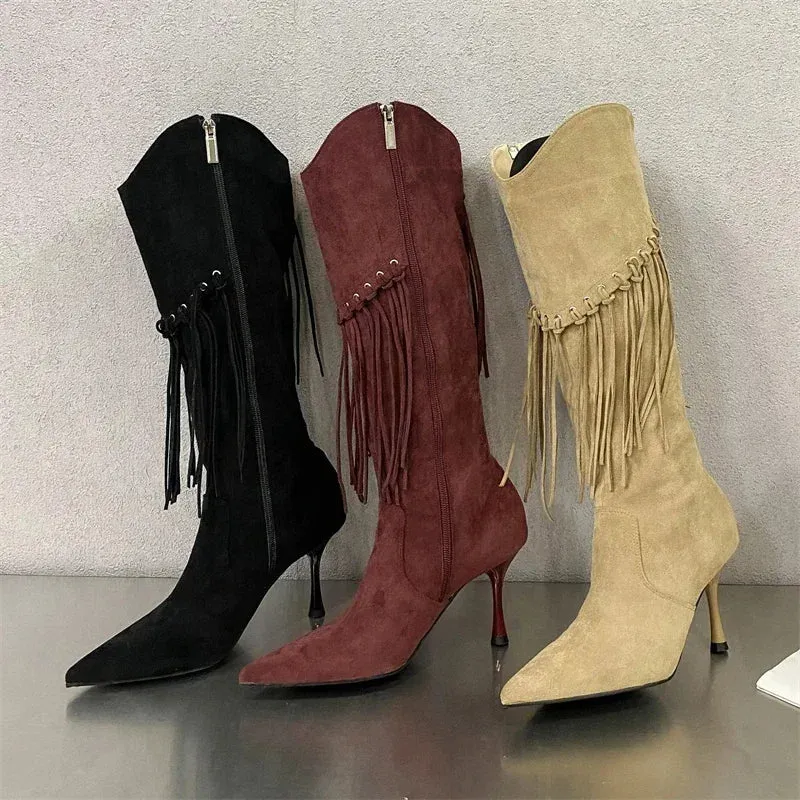Fringe Thin High Heels Knee-High Boots