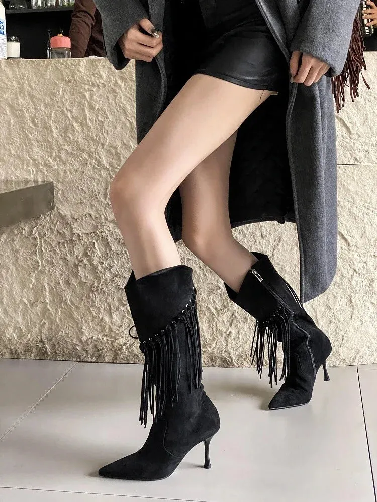 Fringe Thin High Heels Knee-High Boots