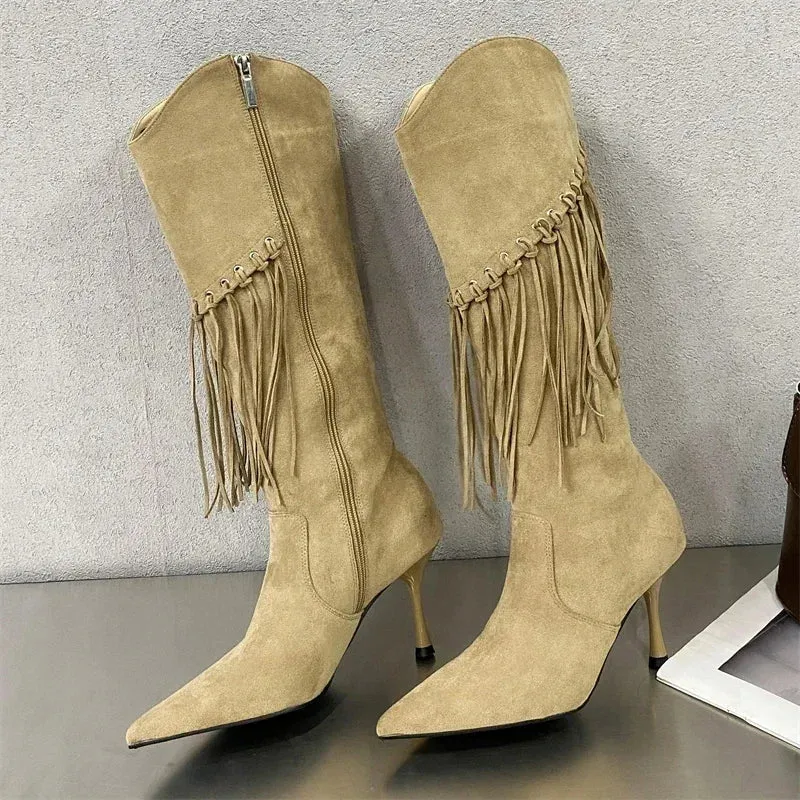 Fringe Thin High Heels Knee-High Boots