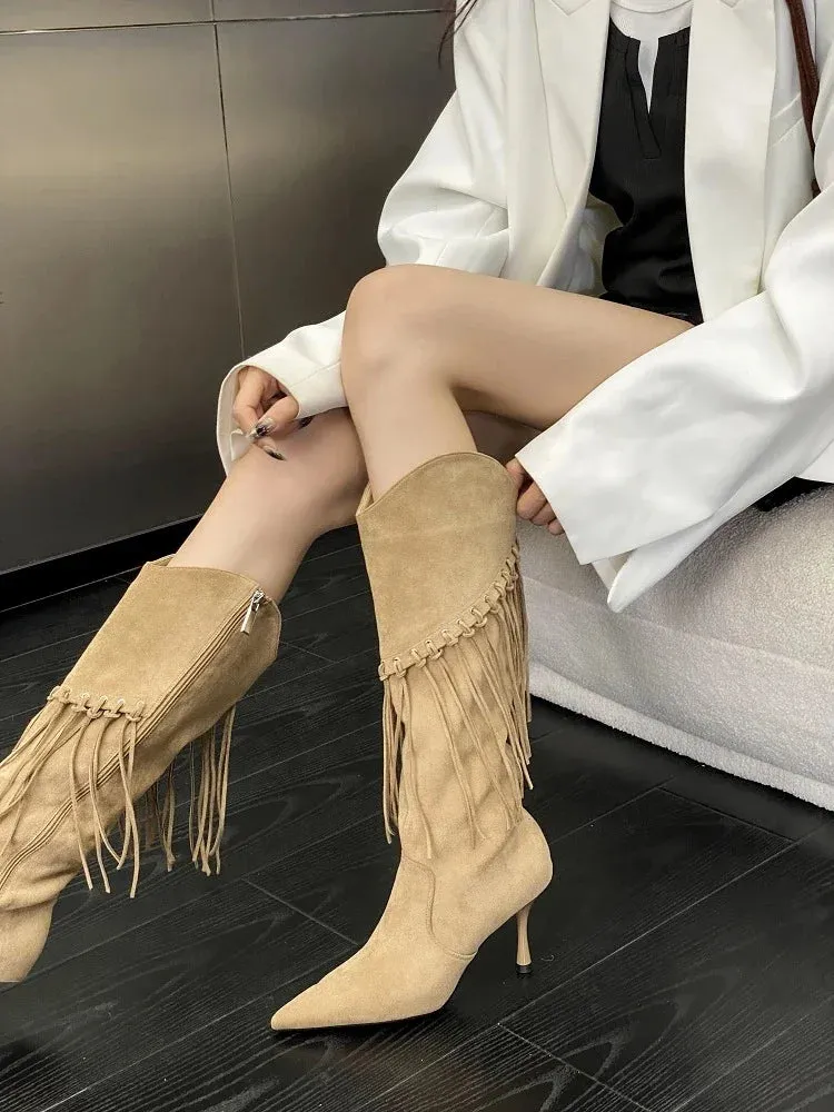 Fringe Thin High Heels Knee-High Boots
