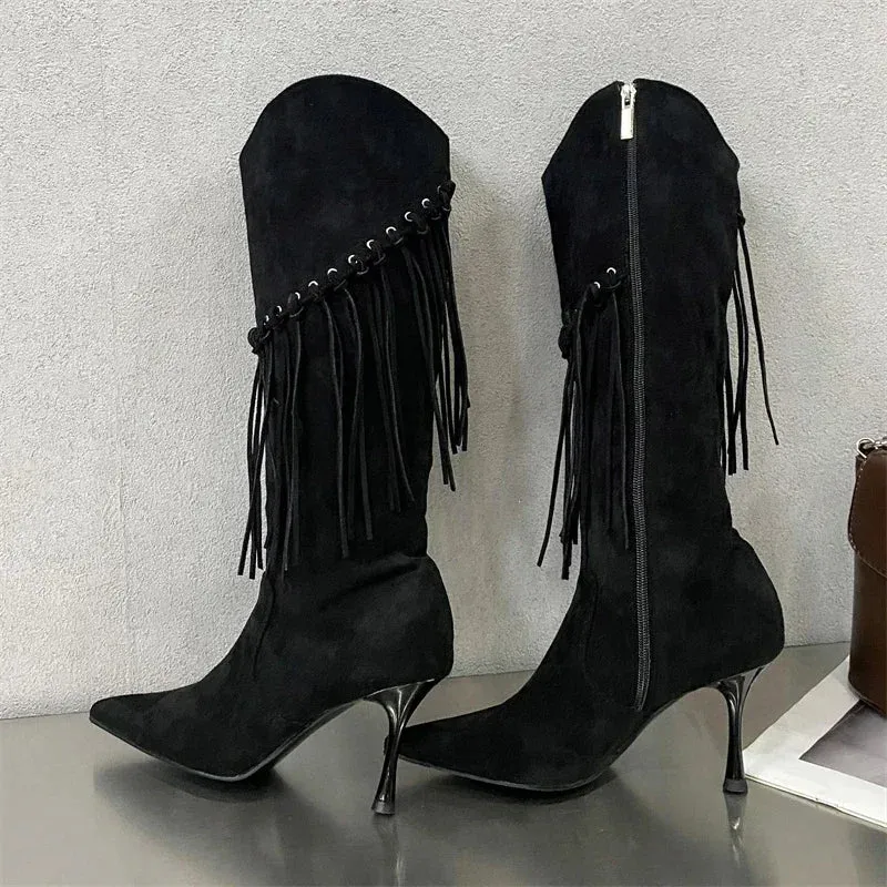 Fringe Thin High Heels Knee-High Boots
