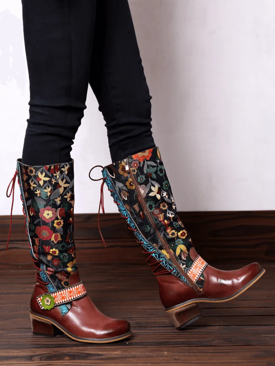 Genuine Leather Brown Floral Tie-Accent Knee-High Boots