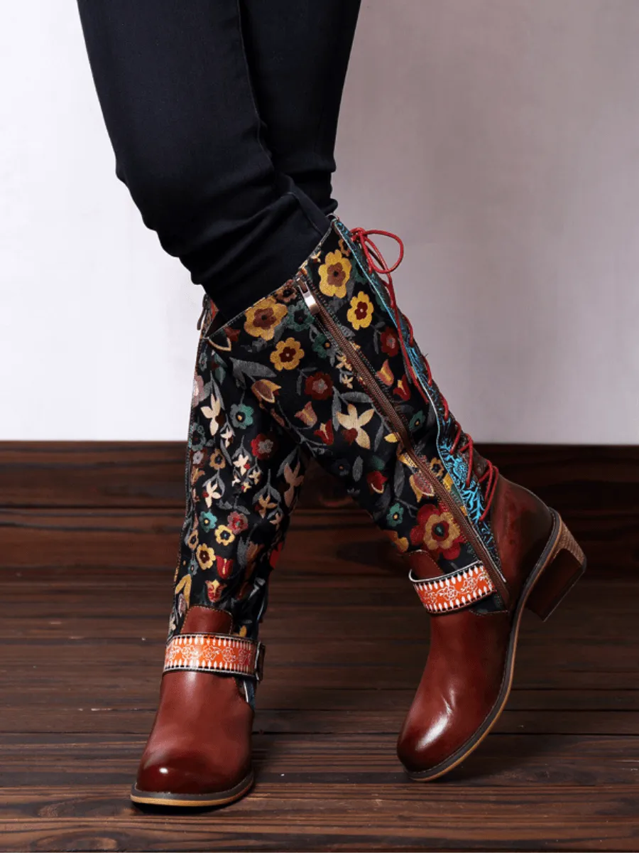 Genuine Leather Brown Floral Tie-Accent Knee-High Boots