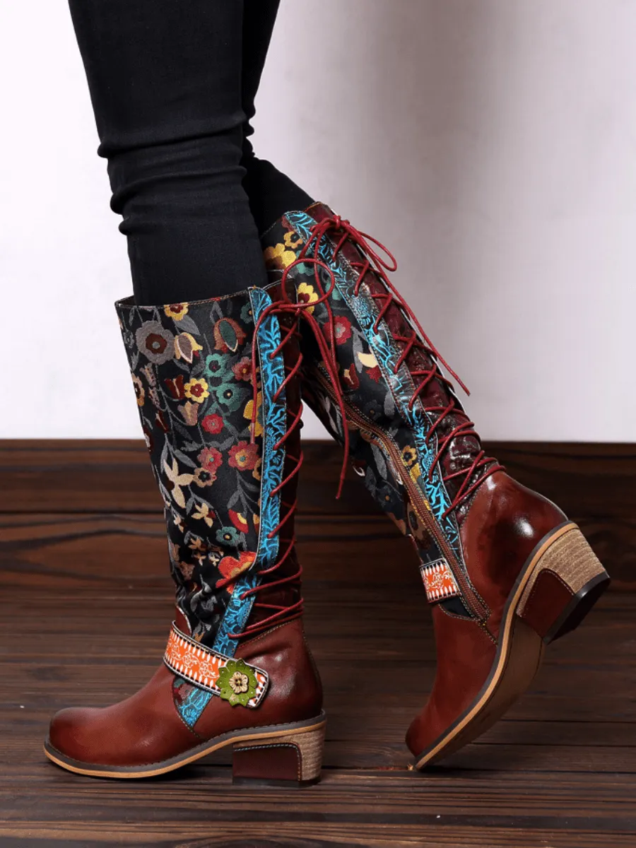 Genuine Leather Brown Floral Tie-Accent Knee-High Boots