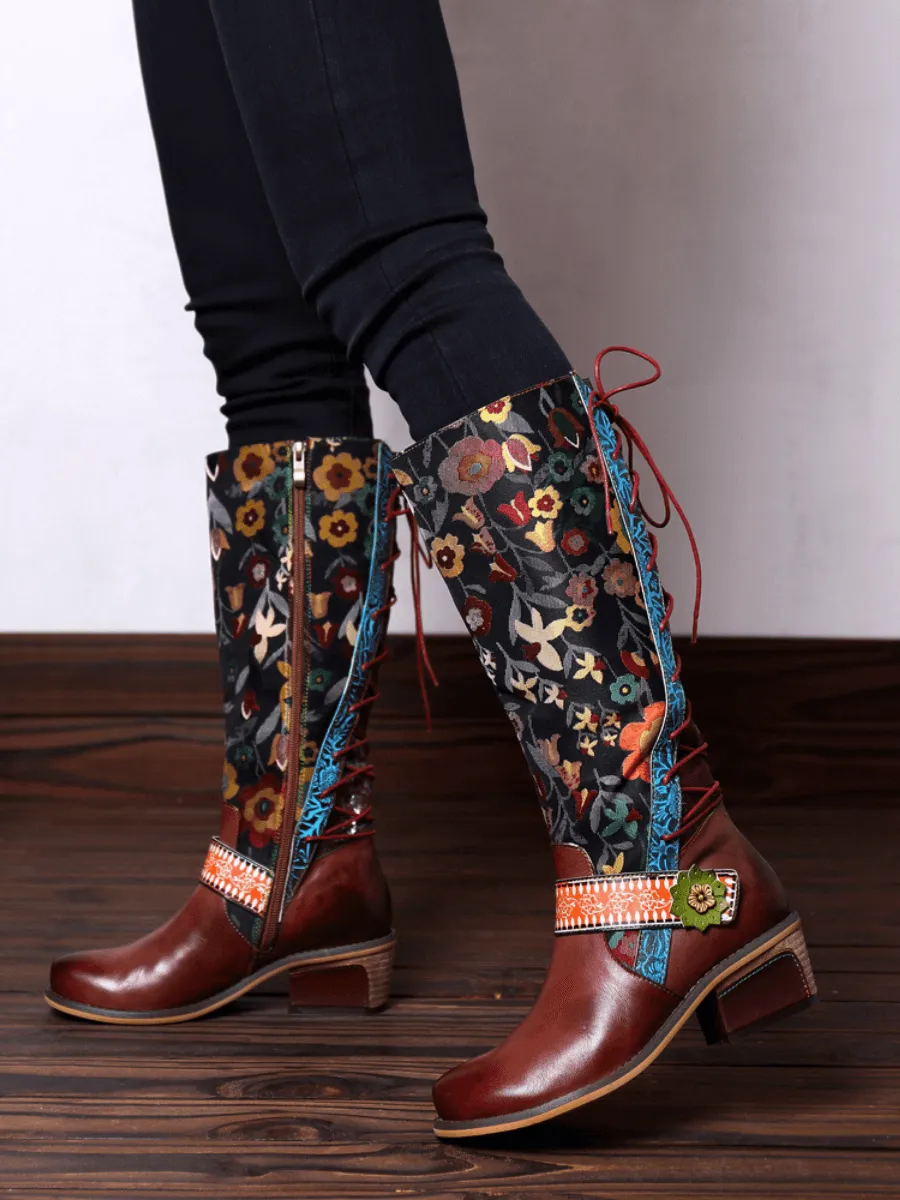 Genuine Leather Brown Floral Tie-Accent Knee-High Boots