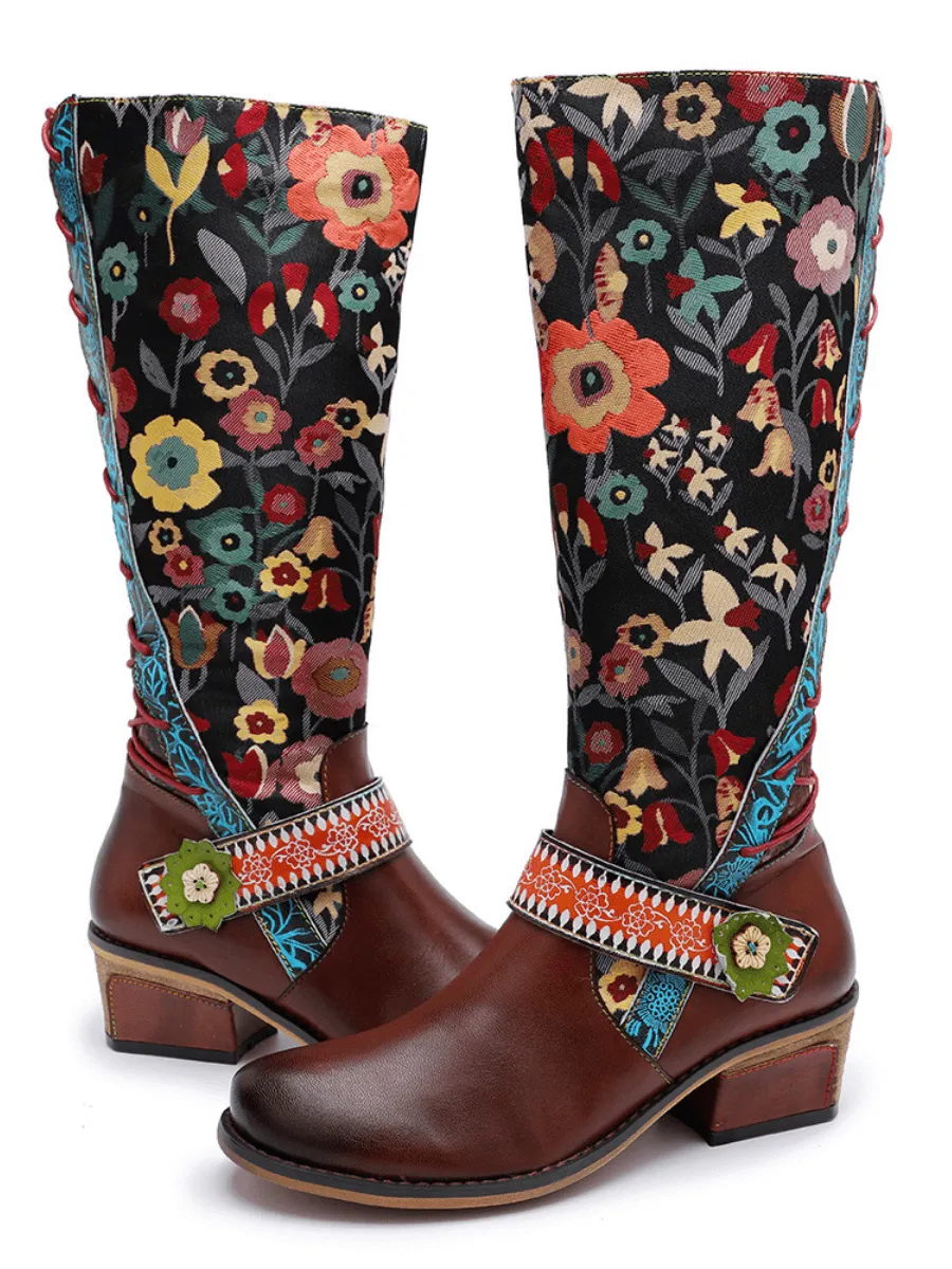 Genuine Leather Brown Floral Tie-Accent Knee-High Boots