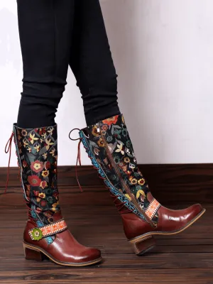 Genuine Leather Brown Floral Tie-Accent Knee-High Boots