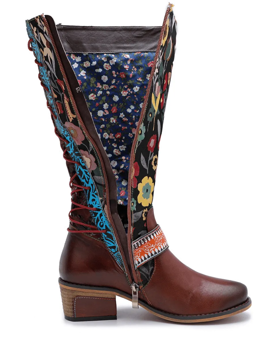 Genuine Leather Brown Floral Tie-Accent Knee-High Boots