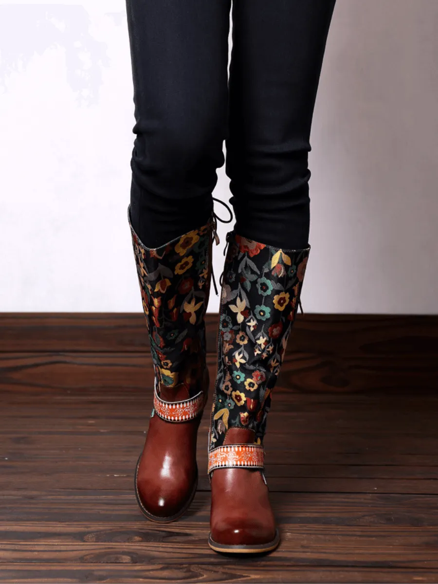 Genuine Leather Brown Floral Tie-Accent Knee-High Boots