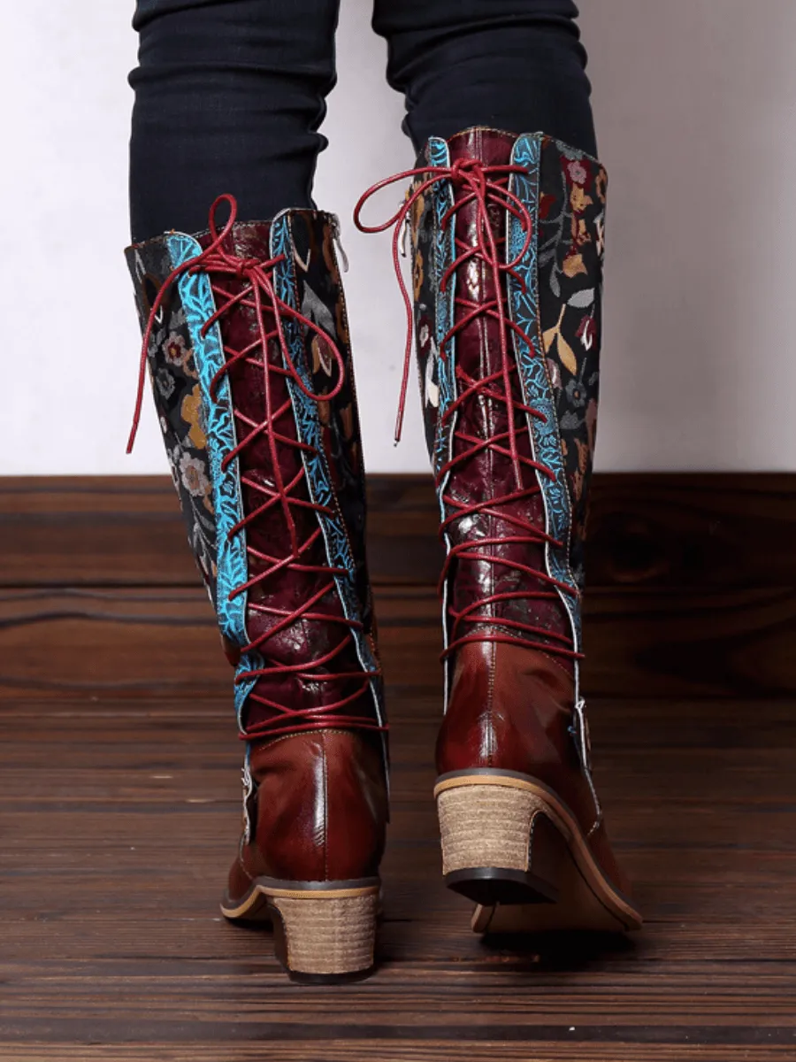Genuine Leather Brown Floral Tie-Accent Knee-High Boots