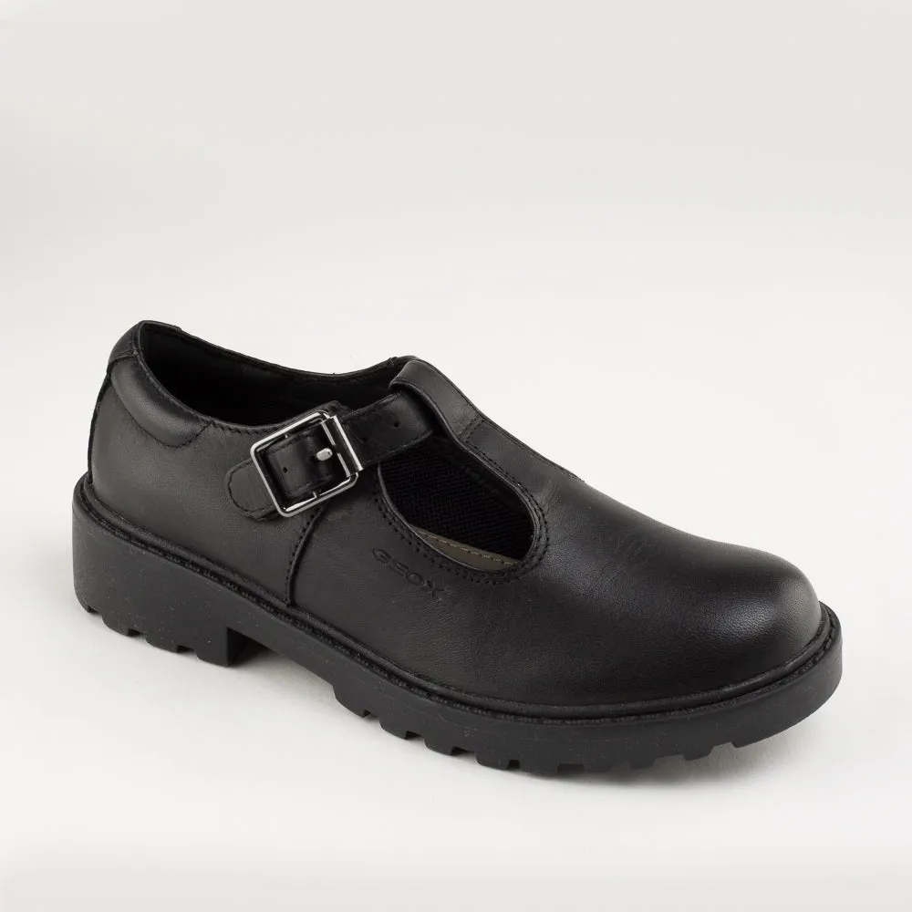 Geox Casey Black Leather T-Bar Ballerina Shoe