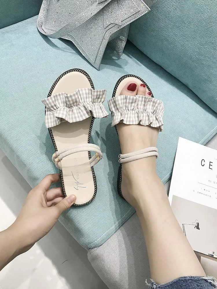 Gingham Print Ruffle Strap Flats