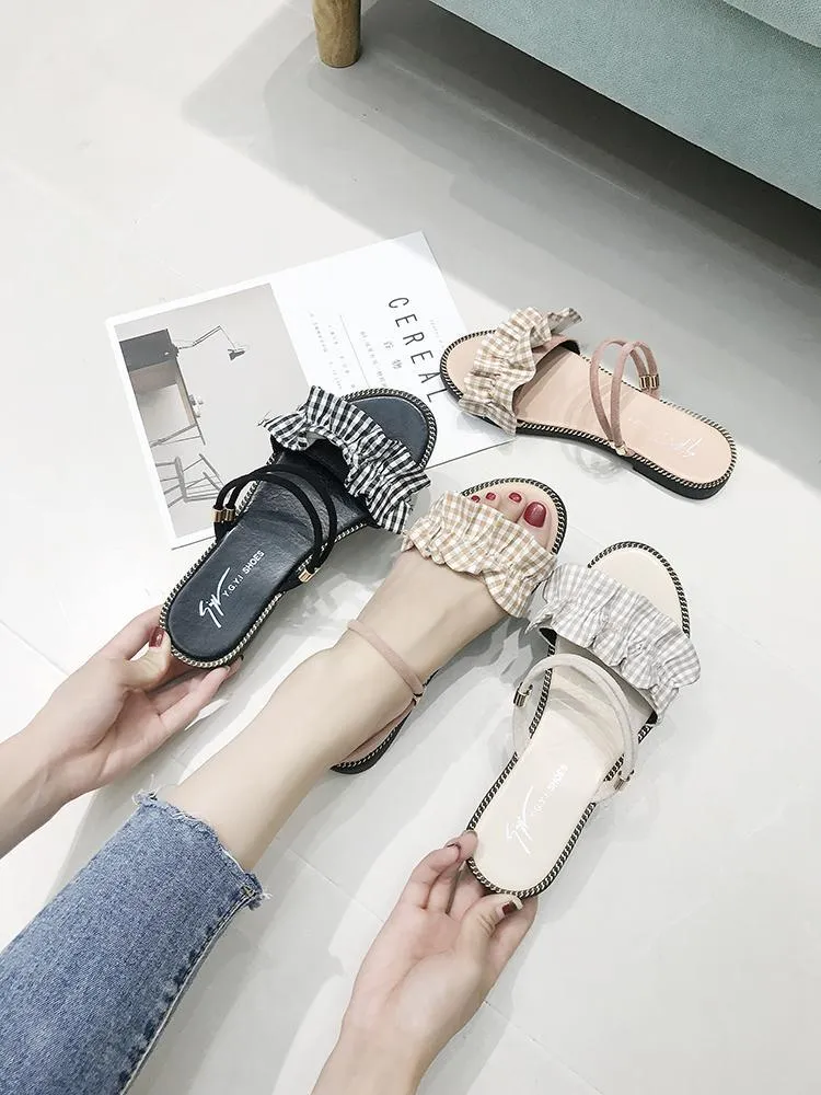 Gingham Print Ruffle Strap Flats