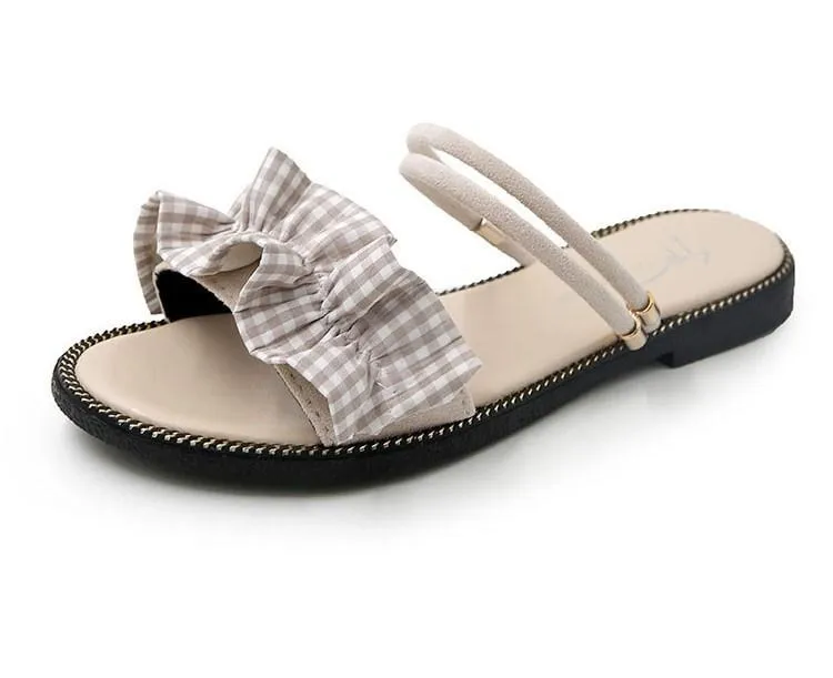 Gingham Print Ruffle Strap Flats