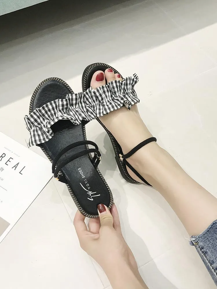 Gingham Print Ruffle Strap Flats