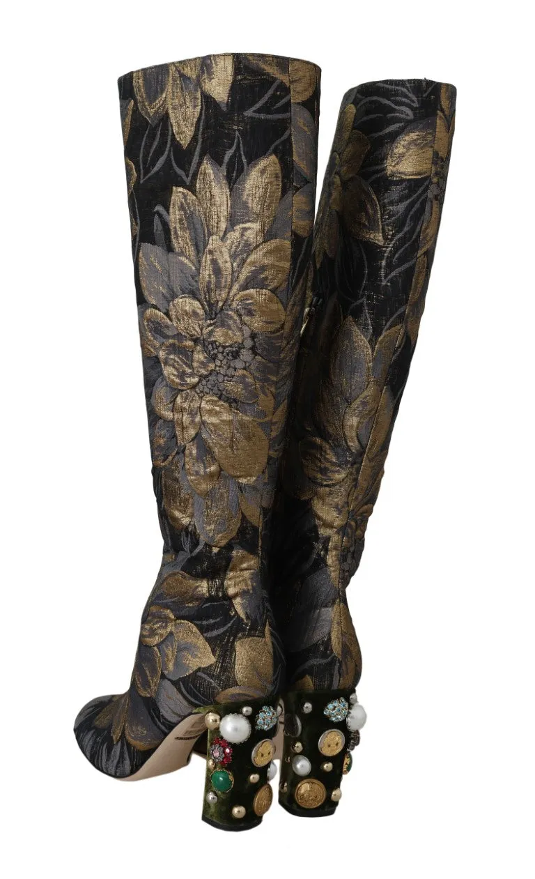 Gold Jacquard High Knee Boots