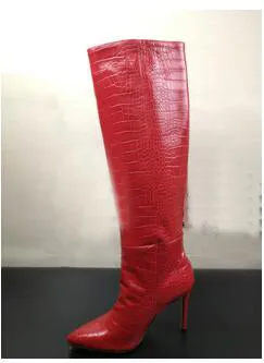 Green Python Pattern Women Knee High Boots Slip On Clear Designer High Heel Stiletto Boots Sexy Pointed Toe Winter Leather Shoes