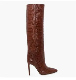 Green Python Pattern Women Knee High Boots Slip On Clear Designer High Heel Stiletto Boots Sexy Pointed Toe Winter Leather Shoes