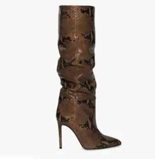 Green Python Pattern Women Knee High Boots Slip On Clear Designer High Heel Stiletto Boots Sexy Pointed Toe Winter Leather Shoes