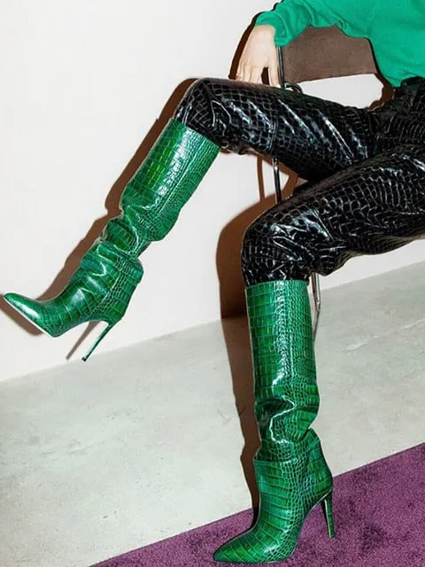 Green Python Pattern Women Knee High Boots Slip On Clear Designer High Heel Stiletto Boots Sexy Pointed Toe Winter Leather Shoes