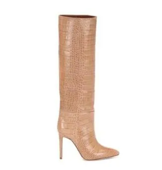 Green Python Pattern Women Knee High Boots Slip On Clear Designer High Heel Stiletto Boots Sexy Pointed Toe Winter Leather Shoes