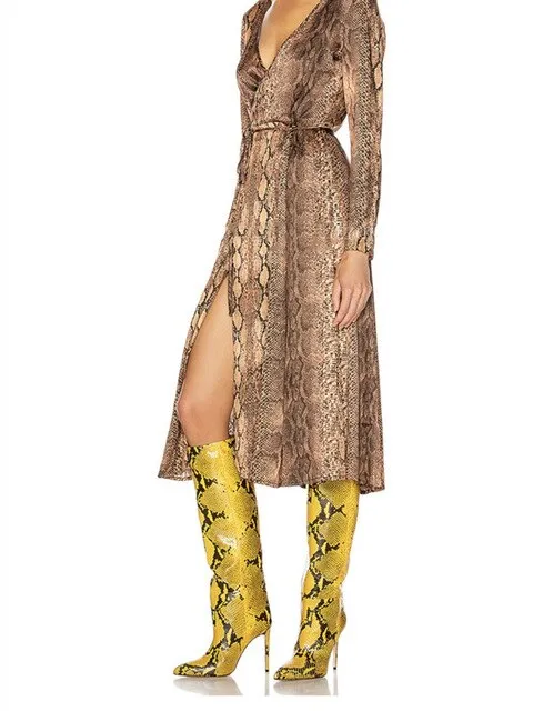 Green Python Pattern Women Knee High Boots Slip On Clear Designer High Heel Stiletto Boots Sexy Pointed Toe Winter Leather Shoes