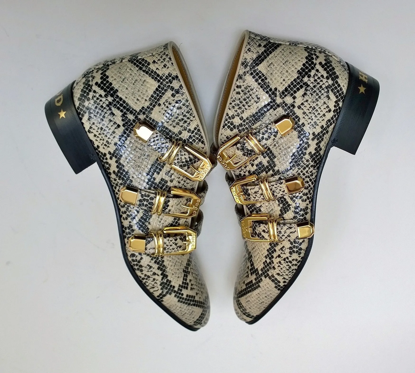 Gucci Python Print Leather Ankle Boots with Gold Logo Buckles Shoes Avana