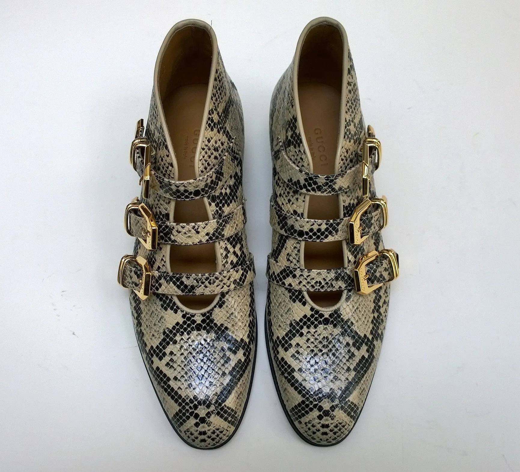 Gucci Python Print Leather Ankle Boots with Gold Logo Buckles Shoes Avana