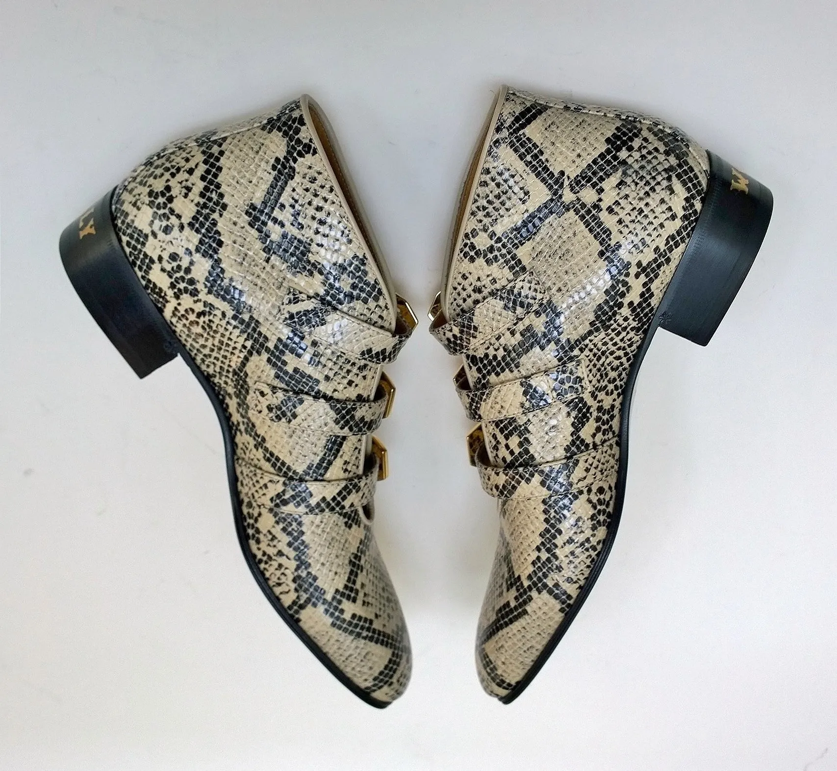 Gucci Python Print Leather Ankle Boots with Gold Logo Buckles Shoes Avana