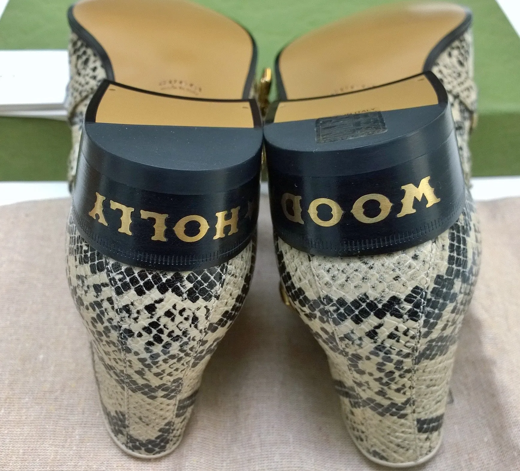 Gucci Python Print Leather Ankle Boots with Gold Logo Buckles Shoes Avana