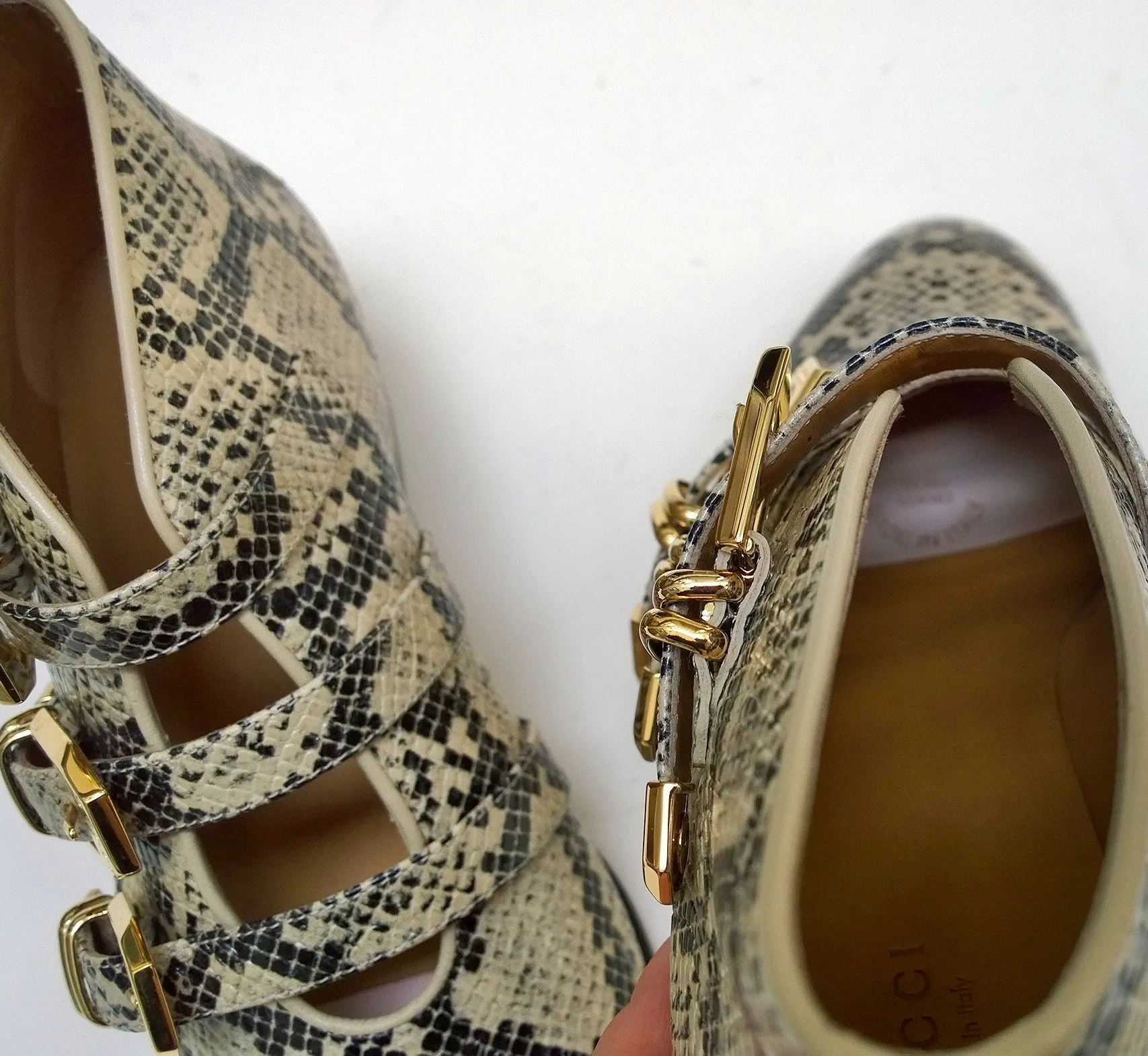 Gucci Python Print Leather Ankle Boots with Gold Logo Buckles Shoes Avana