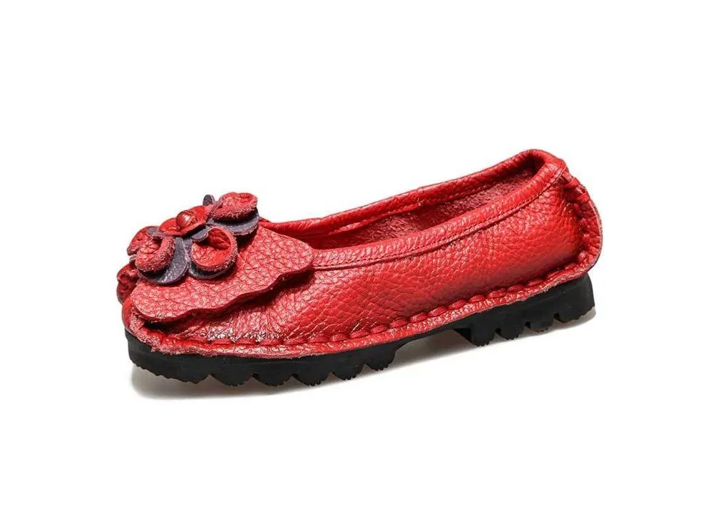 Handmade  cow leather flat soft flower female shoes