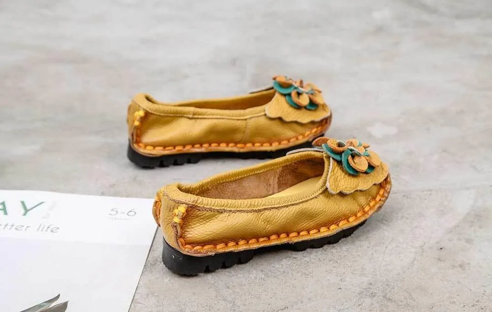 Handmade  cow leather flat soft flower female shoes